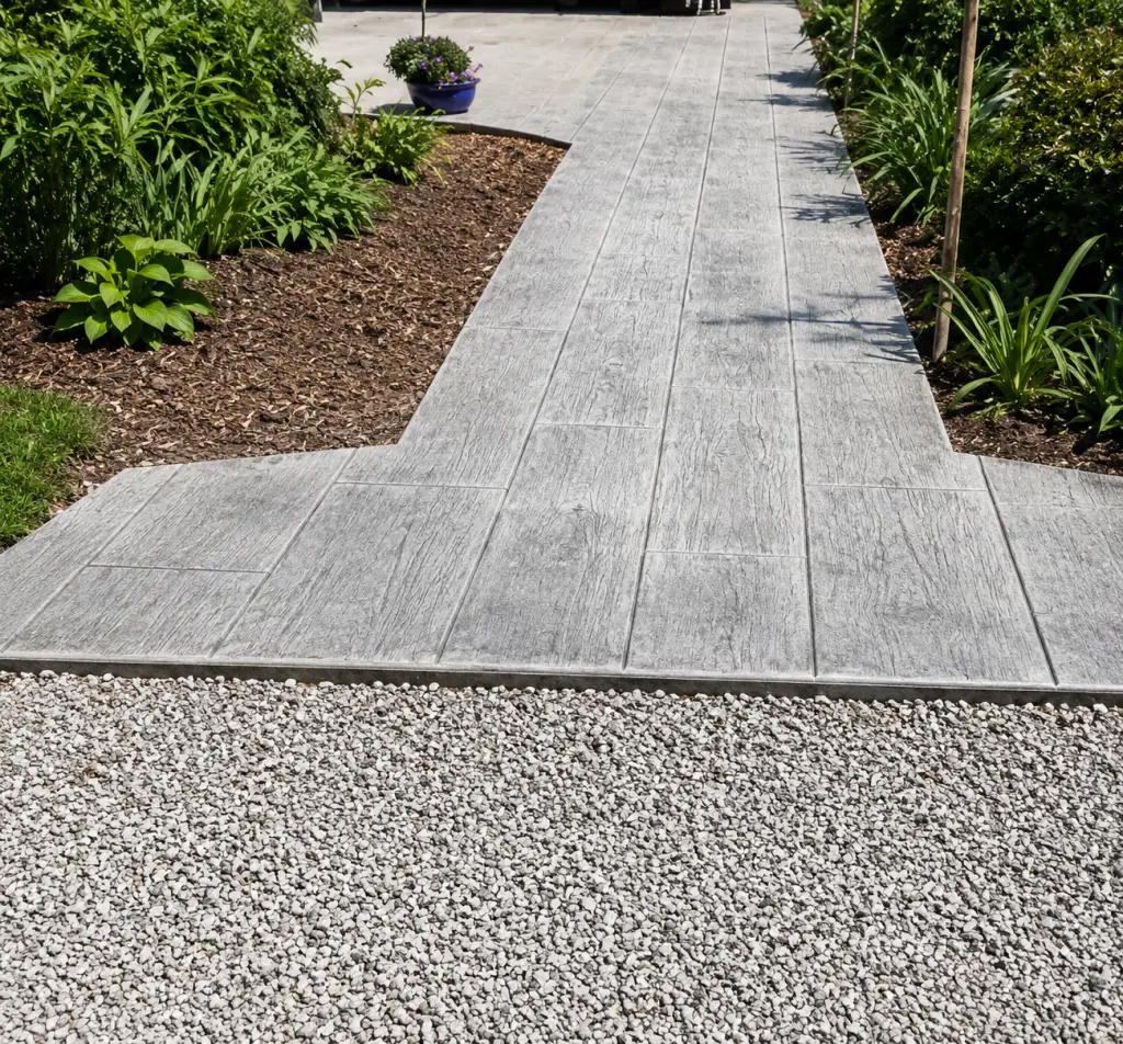 Stamped Concrete Walkway with Gravel Border and Lush Greenery