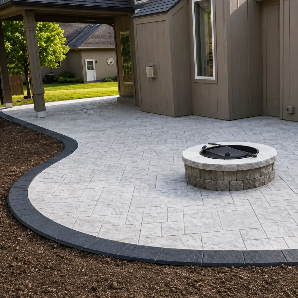Beautiful Stamped Concrete Patio with Firepit in Residential Backyard