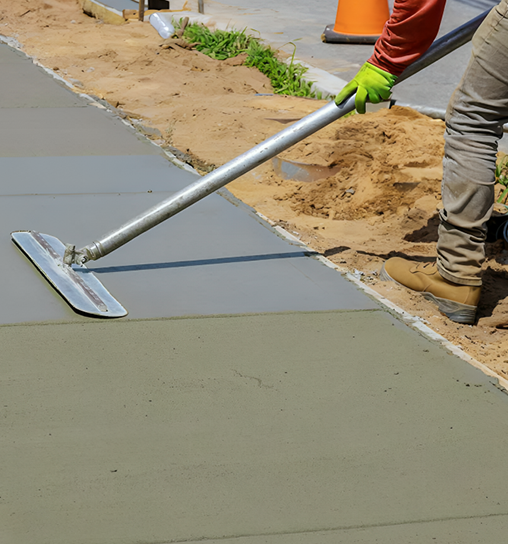 Worker Smoothing Freshly Poured Concrete Sidewalk Installation with a Tool
